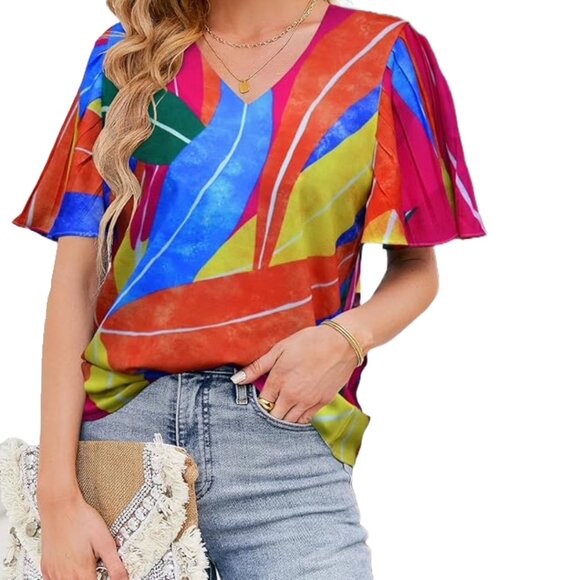 Pleated Flutter Sleeve V-Neck Blouse | Abstract Multicolor Pattern | Chiffon - Picture 1 of 11